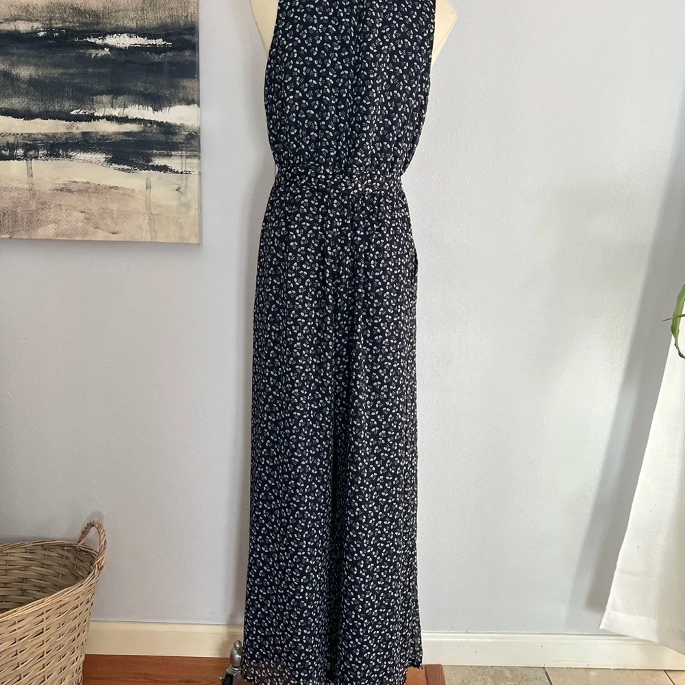J. Crew Point Sur Navy Floral Sparkle Jumpsuit Size 8 - Picture 3 of 9